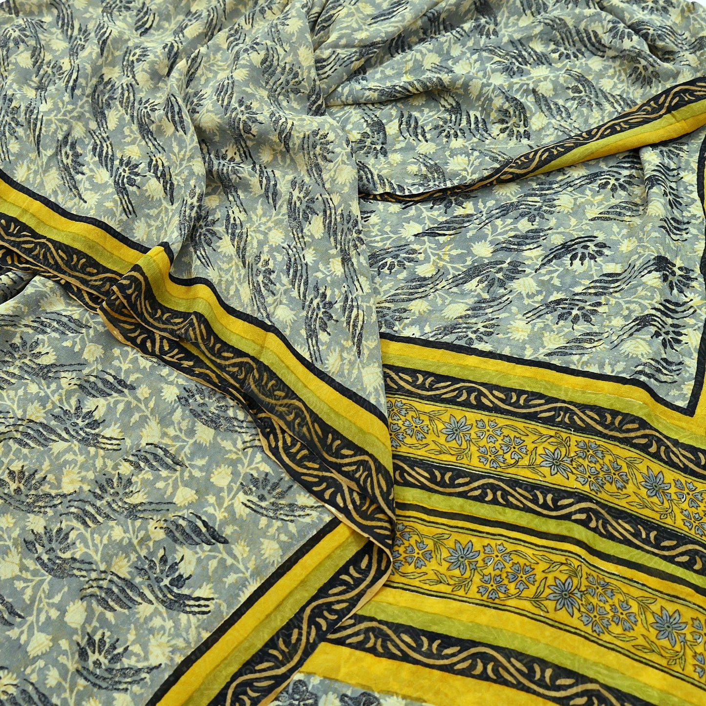Indian Vintage Sari Gray & Yellow Pure Georgette Silk Printed Sarees 5Yd Craft Fabric Sewing Quilting Dress making Crafting Quilting Upcycle