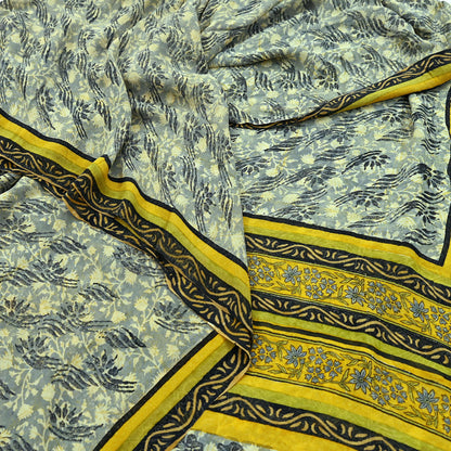 Indian Vintage Sari Gray & Yellow Pure Georgette Silk Printed Sarees 5Yd Craft Fabric Sewing Quilting Dress making Crafting Quilting Upcycle