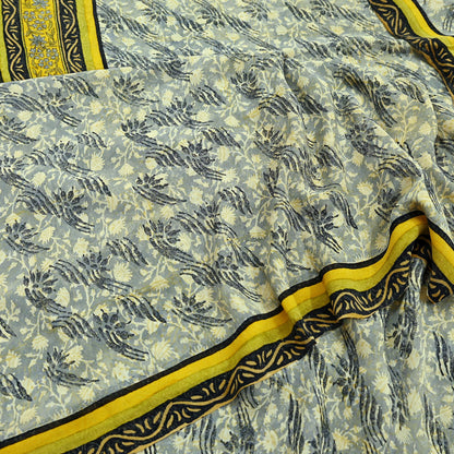 Indian Vintage Sari Gray & Yellow Pure Georgette Silk Printed Sarees 5Yd Craft Fabric Sewing Quilting Dress making Crafting Quilting Upcycle