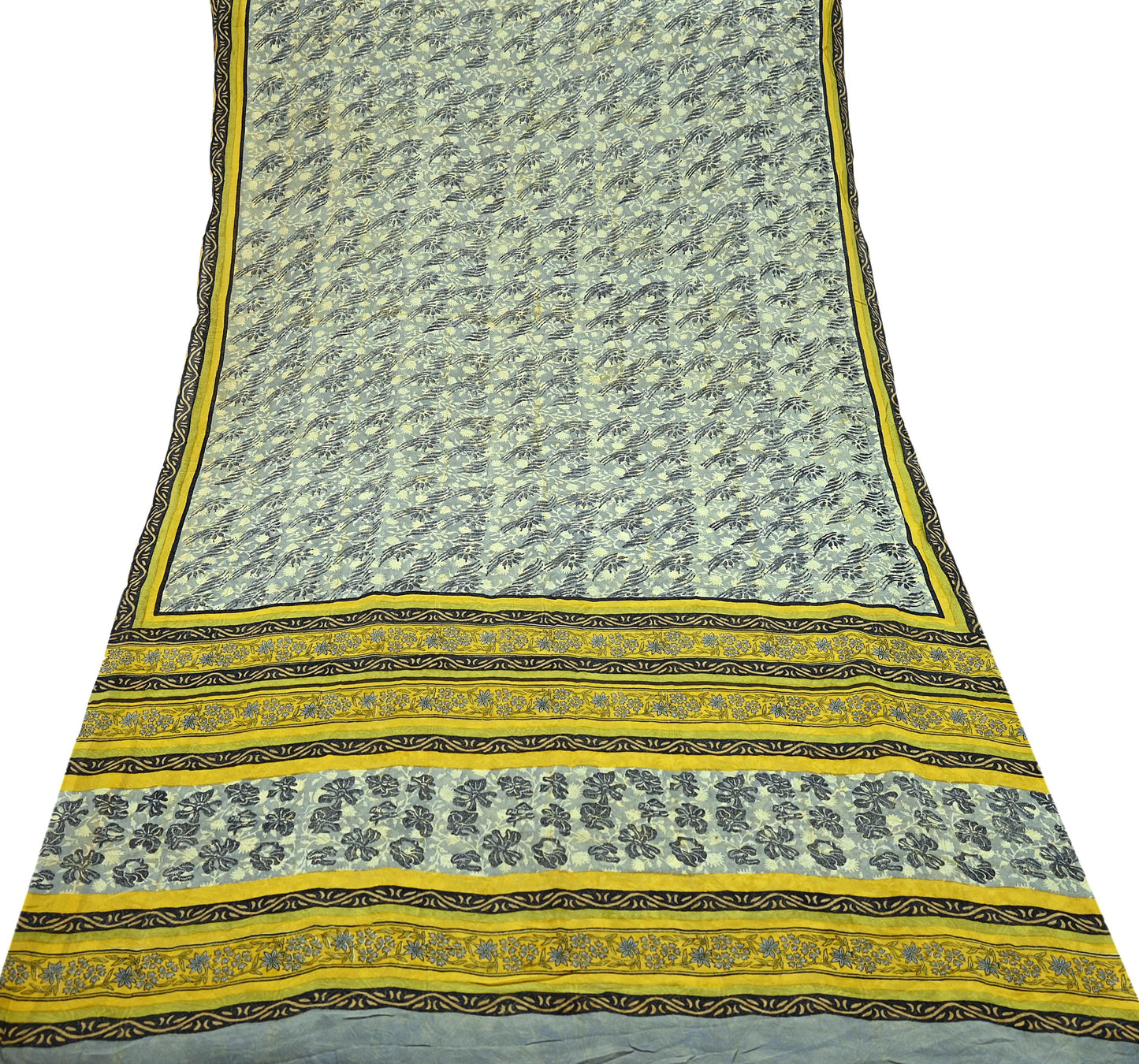 Indian Vintage Sari Gray & Yellow Pure Georgette Silk Printed Sarees 5Yd Craft Fabric Sewing Quilting Dress making Crafting Quilting Upcycle