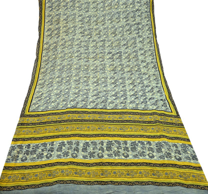 Indian Vintage Sari Gray & Yellow Pure Georgette Silk Printed Sarees 5Yd Craft Fabric Sewing Quilting Dress making Crafting Quilting Upcycle