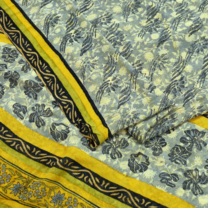 Indian Vintage Sari Gray & Yellow Pure Georgette Silk Printed Sarees 5Yd Craft Fabric Sewing Quilting Dress making Crafting Quilting Upcycle
