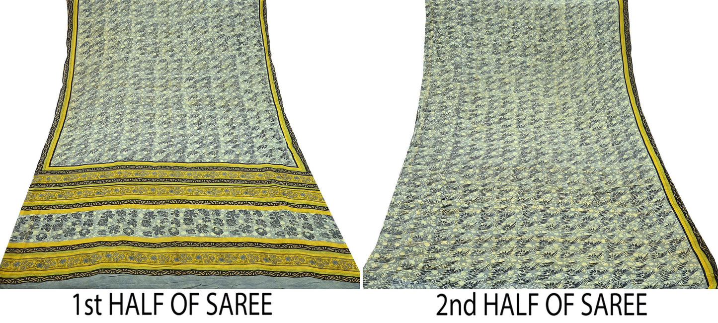 Indian Vintage Sari Gray & Yellow Pure Georgette Silk Printed Sarees 5Yd Craft Fabric Sewing Quilting Dress making Crafting Quilting Upcycle