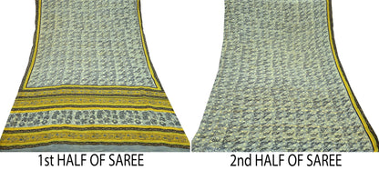 Indian Vintage Sari Gray & Yellow Pure Georgette Silk Printed Sarees 5Yd Craft Fabric Sewing Quilting Dress making Crafting Quilting Upcycle