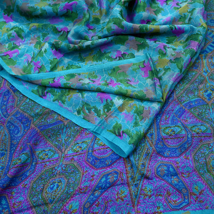 Indian Vintage Sari Blue Pure Silk Printed Sarees 5yd Sewing Craft Fabric Soft Dress Making Wrap Paisley Upcycle Quilting Crafting