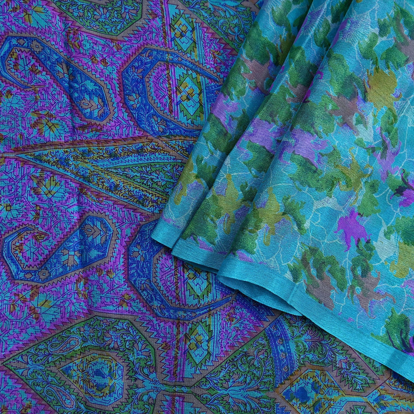 Indian Vintage Sari Blue Pure Silk Printed Sarees 5yd Sewing Craft Fabric Soft Dress Making Wrap Paisley Upcycle Quilting Crafting