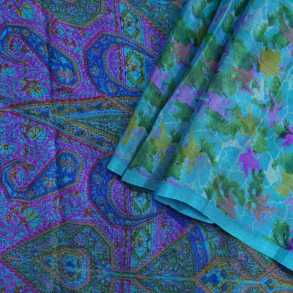 Indian Vintage Sari Blue Pure Silk Printed Sarees 5yd Sewing Craft Fabric Soft Dress Making Wrap Paisley Upcycle Quilting Crafting