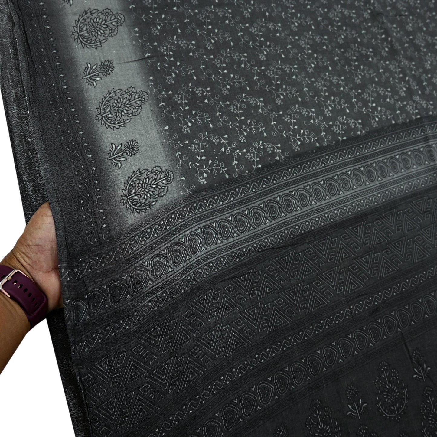 Indian Vintage Gray & Brown Saree Printed Pure Cotton Sari Craft Fabric 5Yd Sewing Soft Sarong Wrap Boho Floral Quilting Crafting
