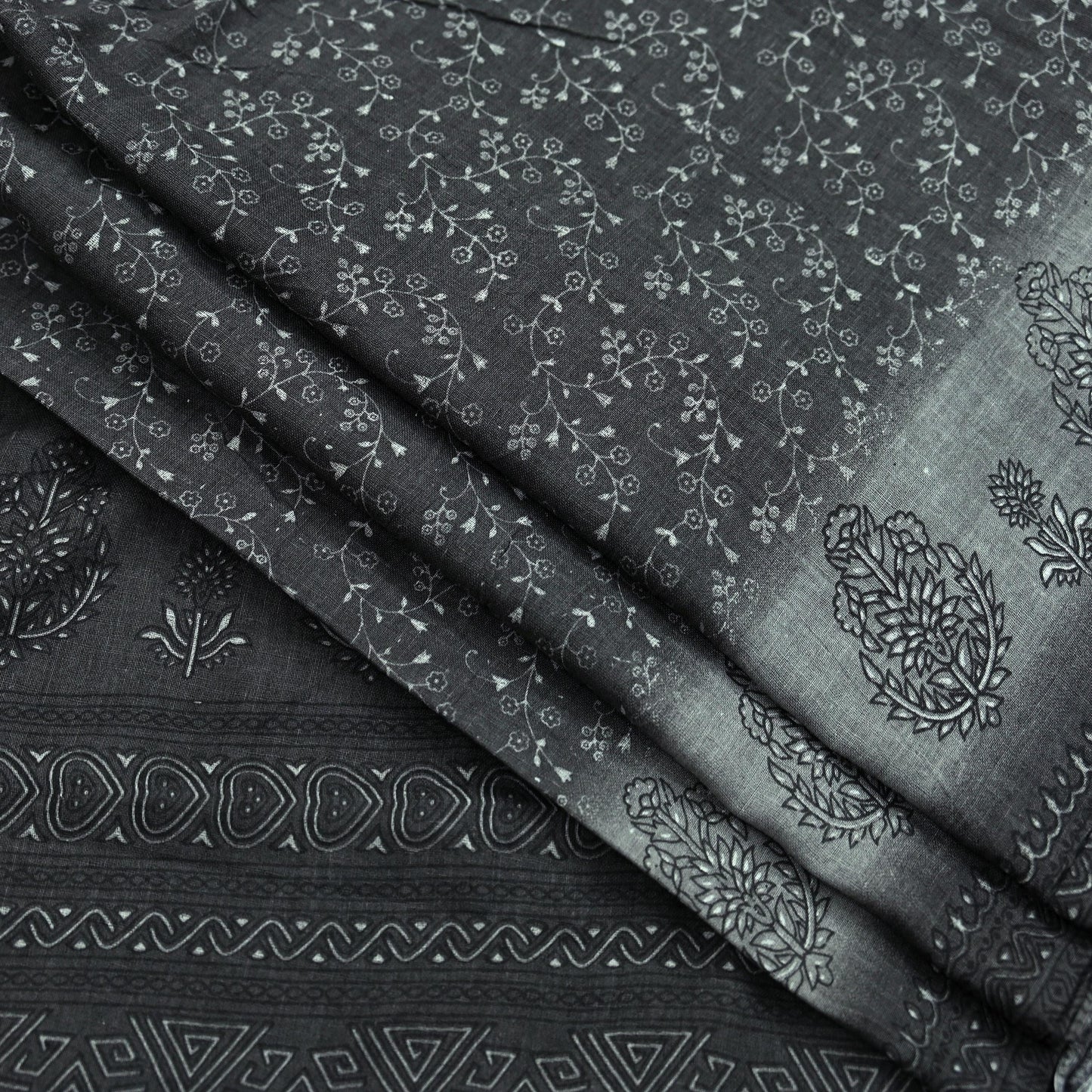 Indian Vintage Gray & Brown Saree Printed Pure Cotton Sari Craft Fabric 5Yd Sewing Soft Sarong Wrap Boho Floral Quilting Crafting