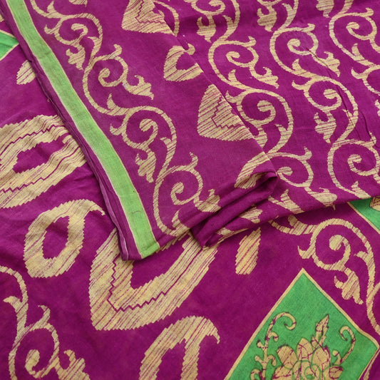 Indian Vintage Sari Beige & Purple Pure Cotton Printed Sarees Craft Fabric Soft 5Yd Sarong Wrap Boho Fabric Kimono Quilting Crafting Upcycle