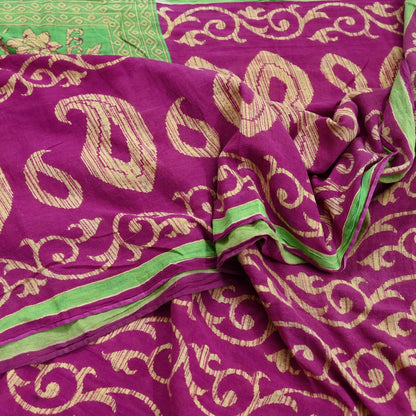 Indian Vintage Sari Beige & Purple Pure Cotton Printed Sarees Craft Fabric Soft 5Yd Sarong Wrap Boho Fabric Kimono Quilting Crafting Upcycle