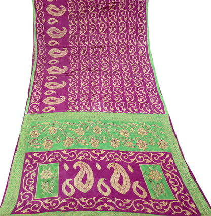 Indian Vintage Sari Beige & Purple Pure Cotton Printed Sarees Craft Fabric Soft 5Yd Sarong Wrap Boho Fabric Kimono Quilting Crafting Upcycle