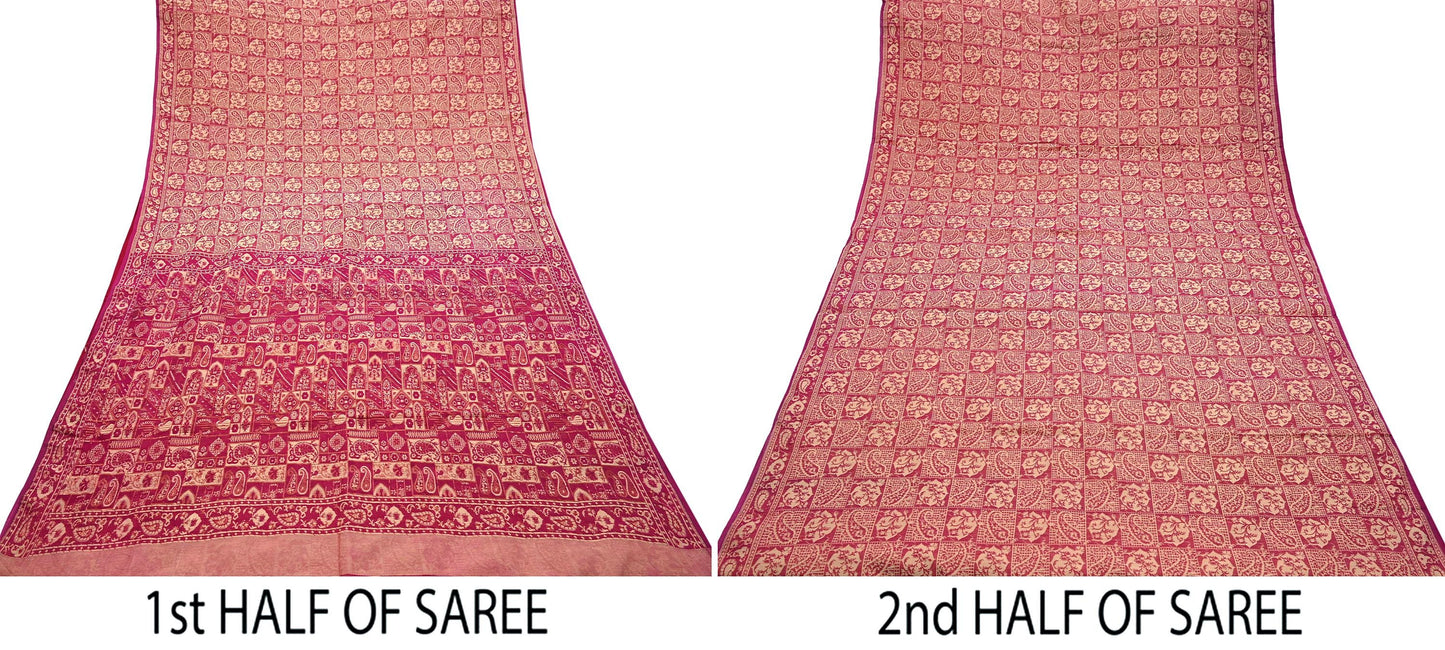Indian Vintage Sari Rani Pink Hand Woven 100% Pure Organza Silk Saree Craft Fabric 5Yd Dress Making Crafting Quilting Upcycle