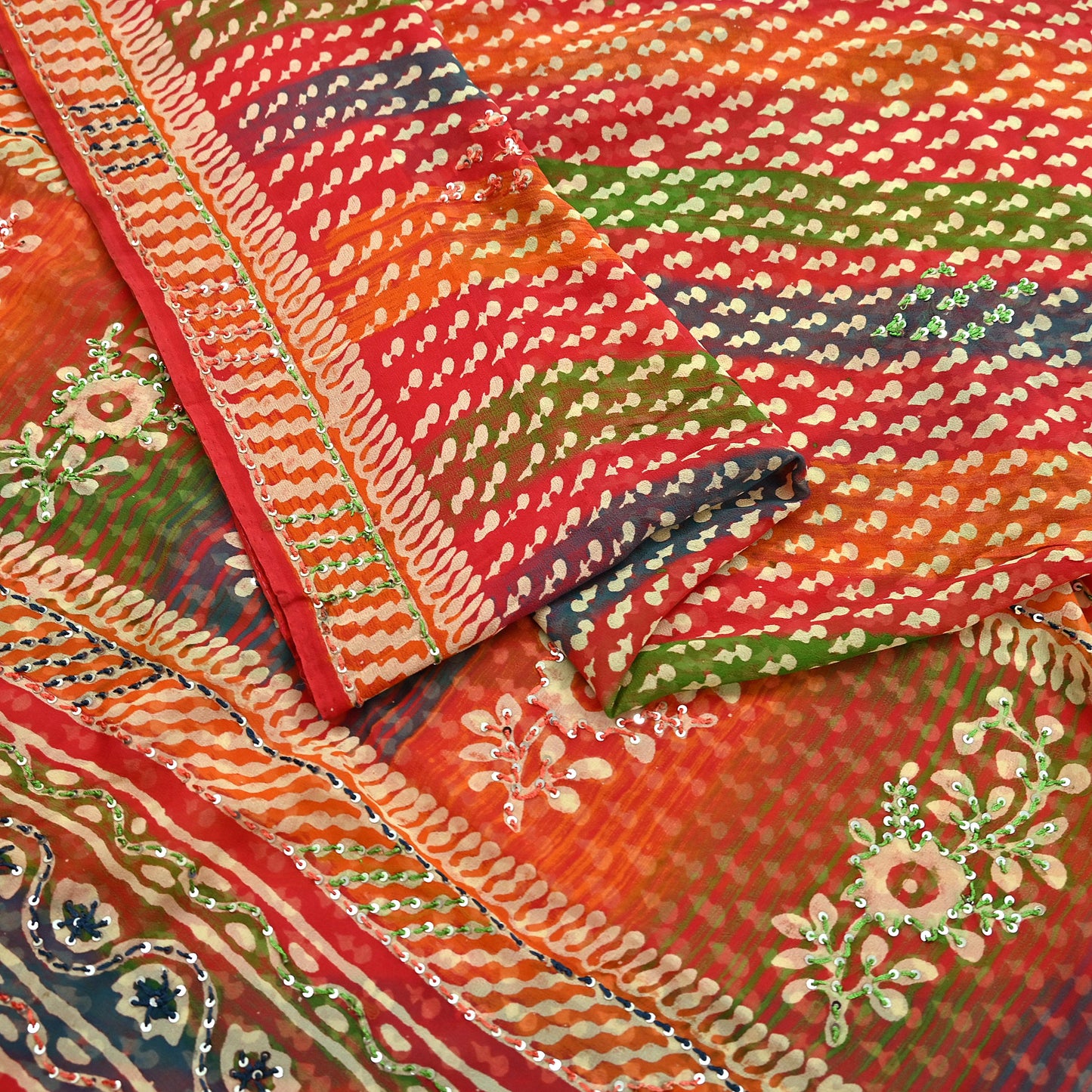 Indian Vintage Sari Multi Hand Embroidered 100% Pure Georgette Silk Saree Craft Fabric 5Yd Ethnic Soft Dress making For Crafting Quilting