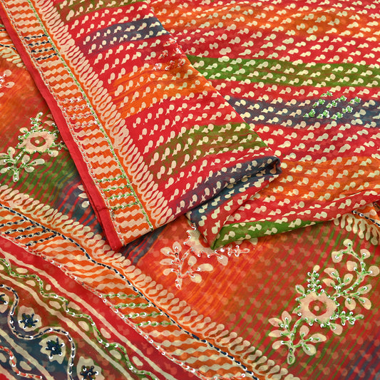 Indian Vintage Sari Multi Hand Embroidered 100% Pure Georgette Silk Saree Craft Fabric 5Yd Ethnic Soft Dress making For Crafting Quilting
