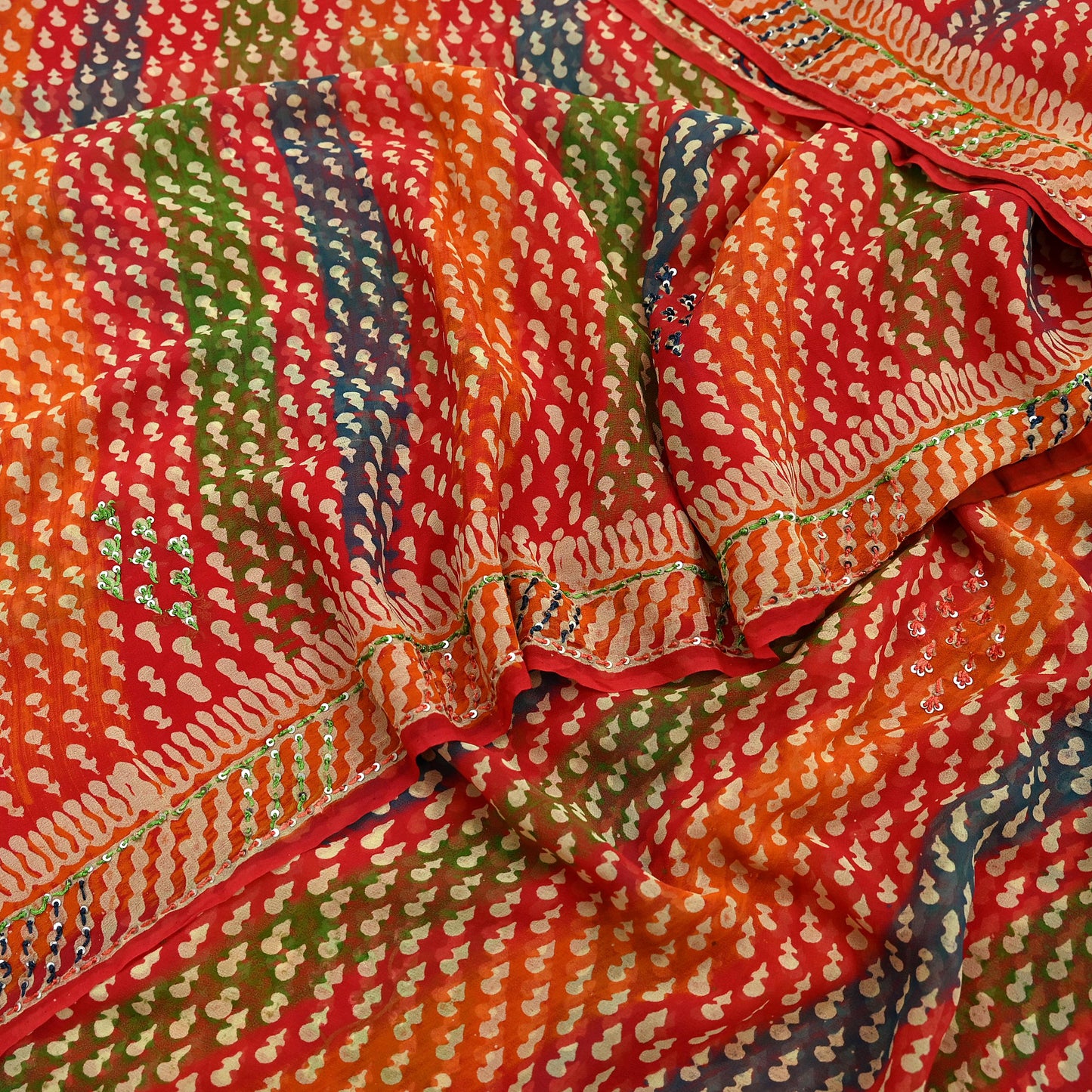 Indian Vintage Sari Multi Hand Embroidered 100% Pure Georgette Silk Saree Craft Fabric 5Yd Ethnic Soft Dress making For Crafting Quilting
