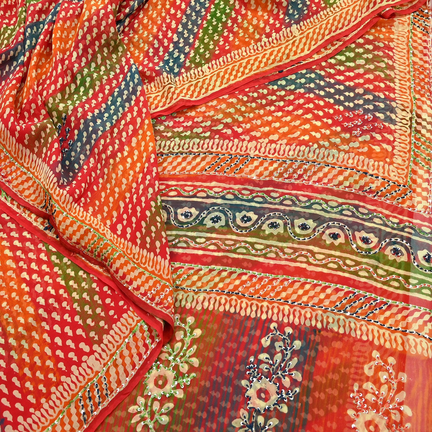 Indian Vintage Sari Multi Hand Embroidered 100% Pure Georgette Silk Saree Craft Fabric 5Yd Ethnic Soft Dress making For Crafting Quilting