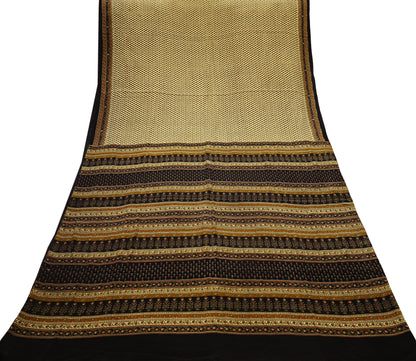 Indian Vintage Beige & Black Saree Pure Crepe Silk Printed Sari Craft Fabric 5yd Sewing Floral Soft Wrap Dress making Crafting Quilting