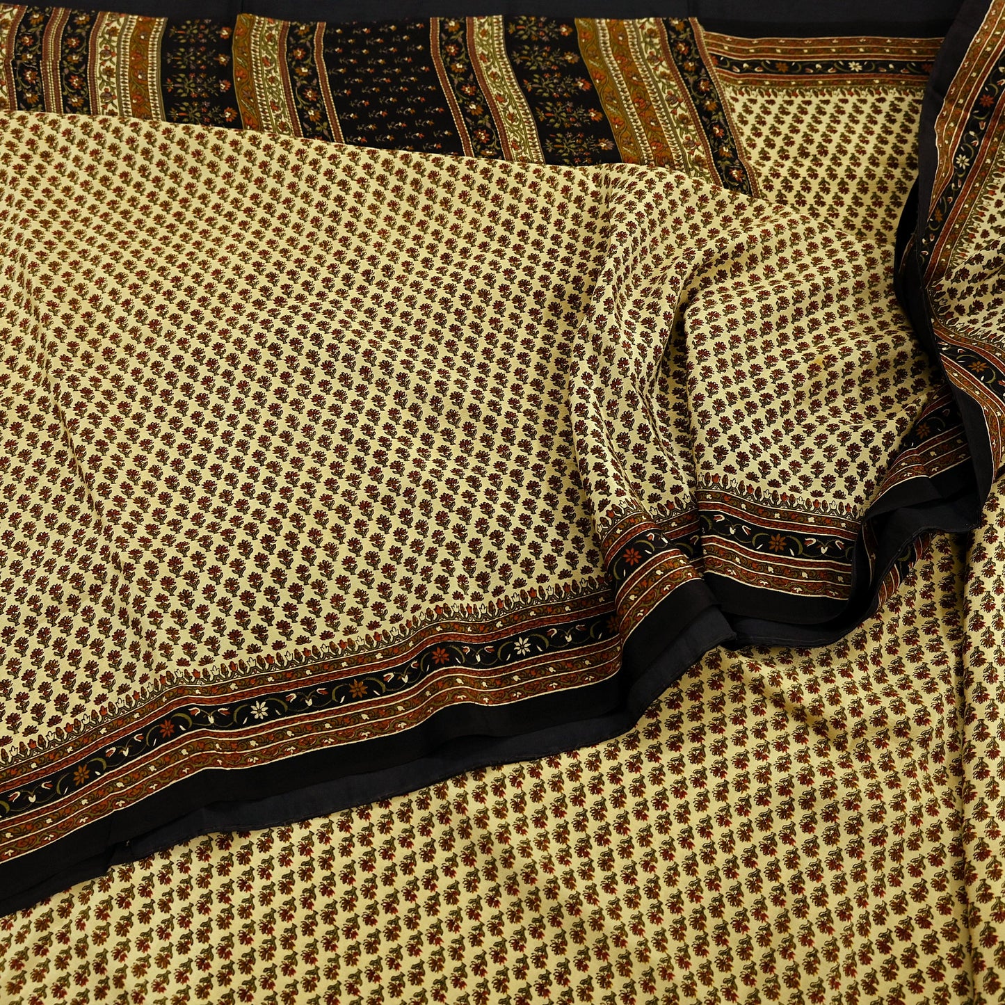 Indian Vintage Beige & Black Saree Pure Crepe Silk Printed Sari Craft Fabric 5yd Sewing Floral Soft Wrap Dress making Crafting Quilting