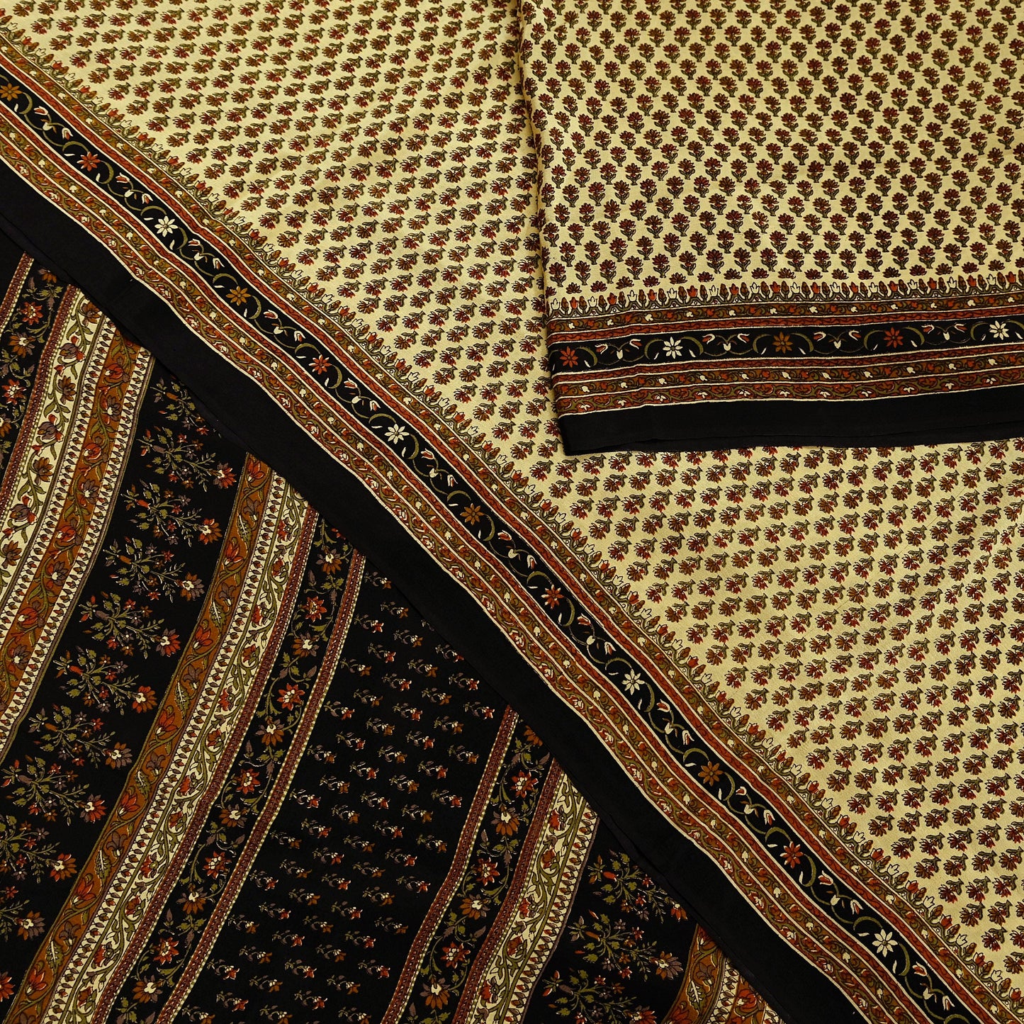 Indian Vintage Beige & Black Saree Pure Crepe Silk Printed Sari Craft Fabric 5yd Sewing Floral Soft Wrap Dress making Crafting Quilting