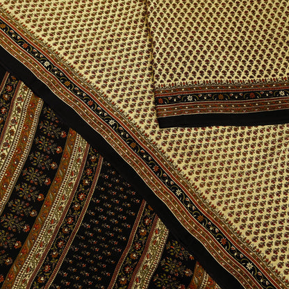 Indian Vintage Beige & Black Saree Pure Crepe Silk Printed Sari Craft Fabric 5yd Sewing Floral Soft Wrap Dress making Crafting Quilting