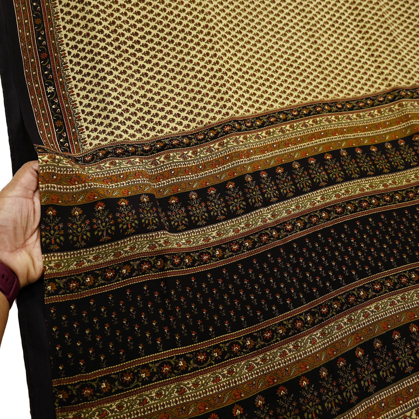 Indian Vintage Beige & Black Saree Pure Crepe Silk Printed Sari Craft Fabric 5yd Sewing Floral Soft Wrap Dress making Crafting Quilting