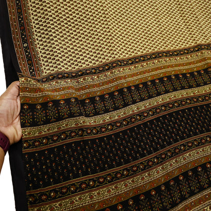 Indian Vintage Beige & Black Saree Pure Crepe Silk Printed Sari Craft Fabric 5yd Sewing Floral Soft Wrap Dress making Crafting Quilting