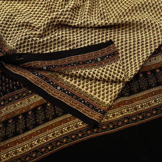 Indian Vintage Beige & Black Saree Pure Crepe Silk Printed Sari Craft Fabric 5yd Sewing Floral Soft Wrap Dress making Crafting Quilting