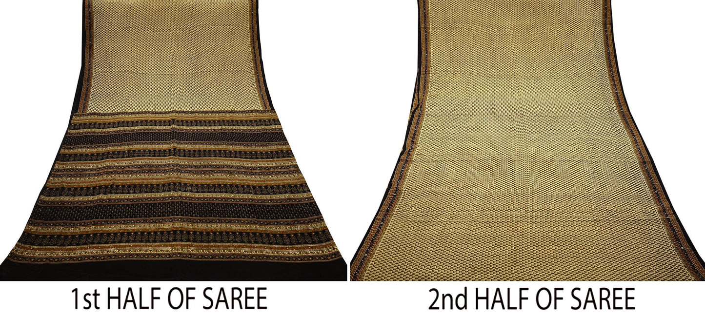Indian Vintage Beige & Black Saree Pure Crepe Silk Printed Sari Craft Fabric 5yd Sewing Floral Soft Wrap Dress making Crafting Quilting