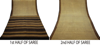 Indian Vintage Beige & Black Saree Pure Crepe Silk Printed Sari Craft Fabric 5yd Sewing Floral Soft Wrap Dress making Crafting Quilting