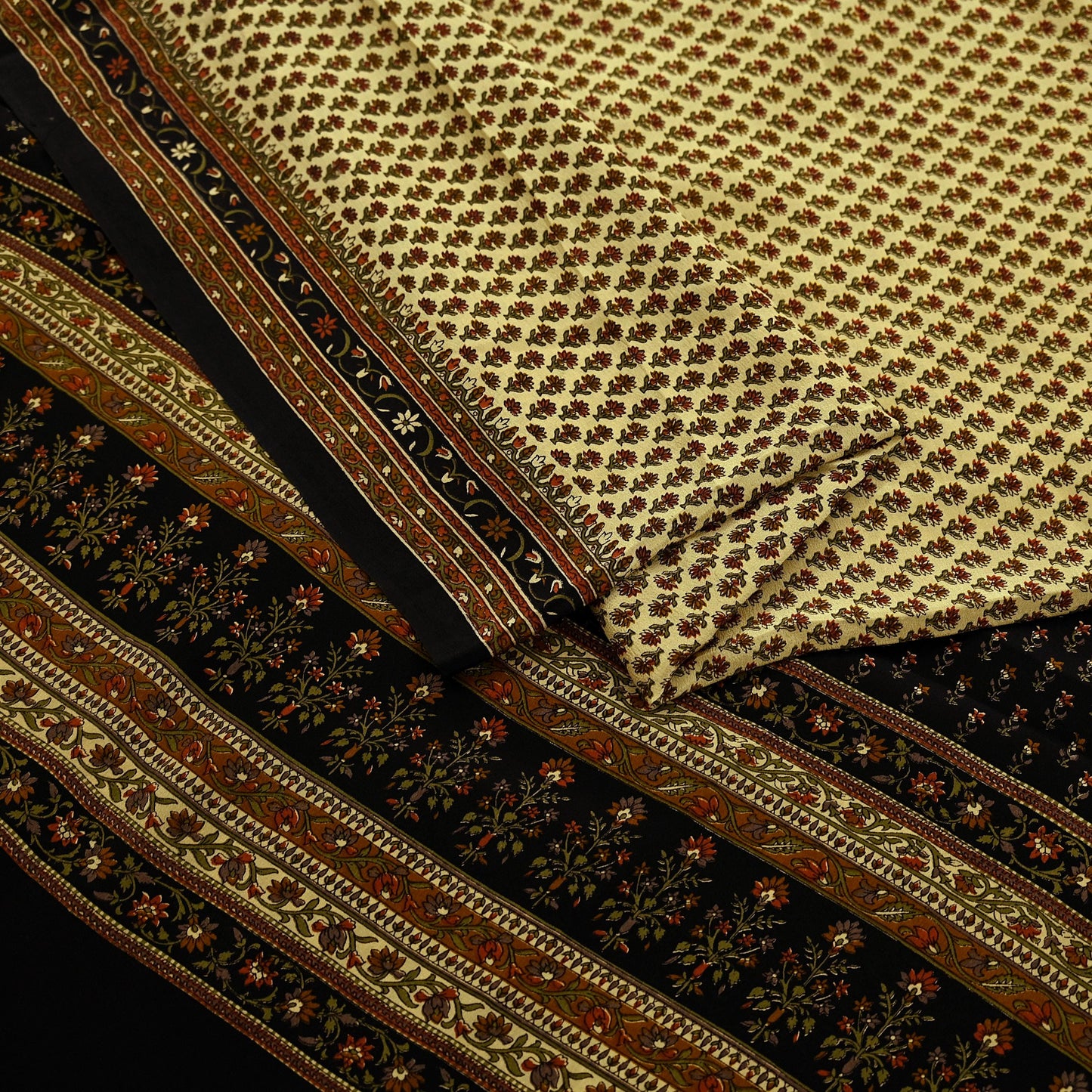 Indian Vintage Beige & Black Saree Pure Crepe Silk Printed Sari Craft Fabric 5yd Sewing Floral Soft Wrap Dress making Crafting Quilting
