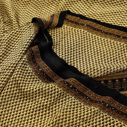 Indian Vintage Beige & Black Saree Pure Crepe Silk Printed Sari Craft Fabric 5yd Sewing Floral Soft Wrap Dress making Crafting Quilting