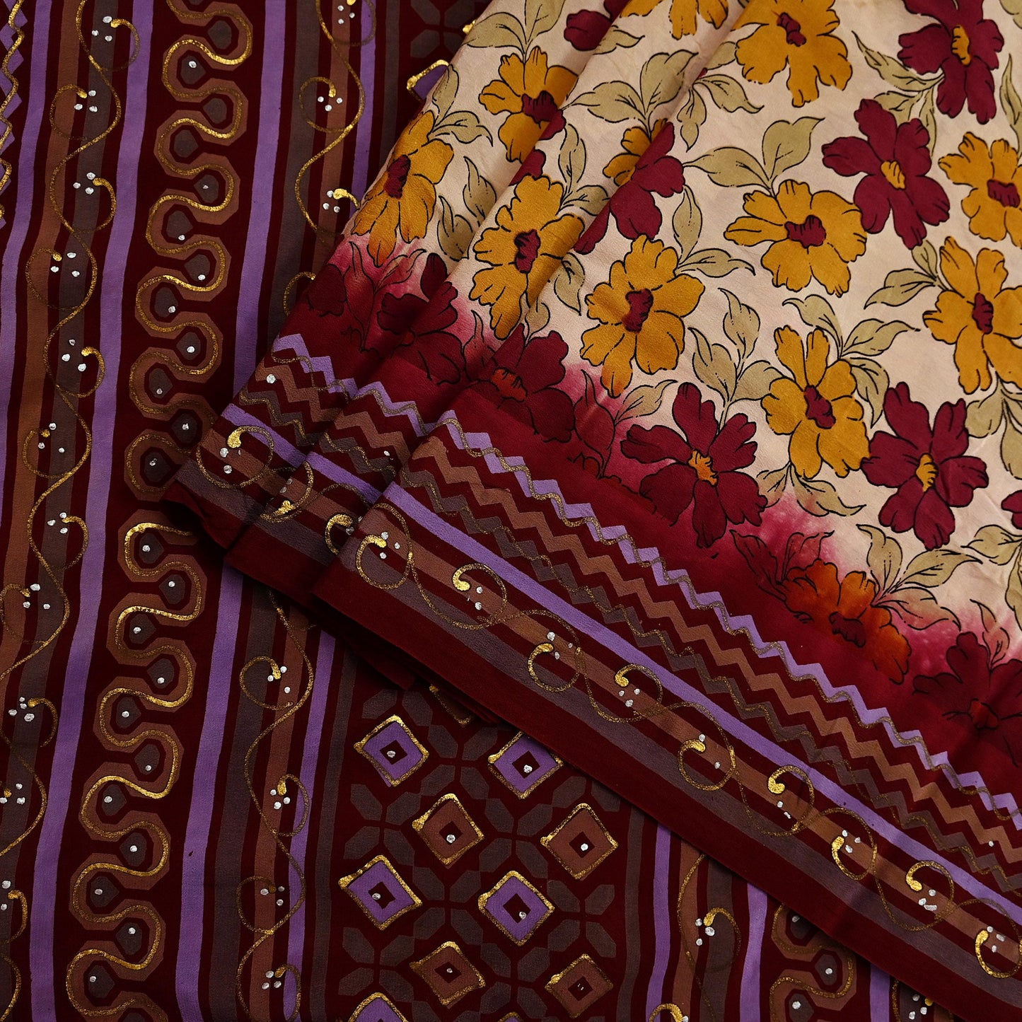 Indian Vintage Sari Maroon & Beige Pure Crepe Silk Hand Painted Saree 5yd Sewing Floral Craft Fabric Wrap Dress Making Quilting Crafting