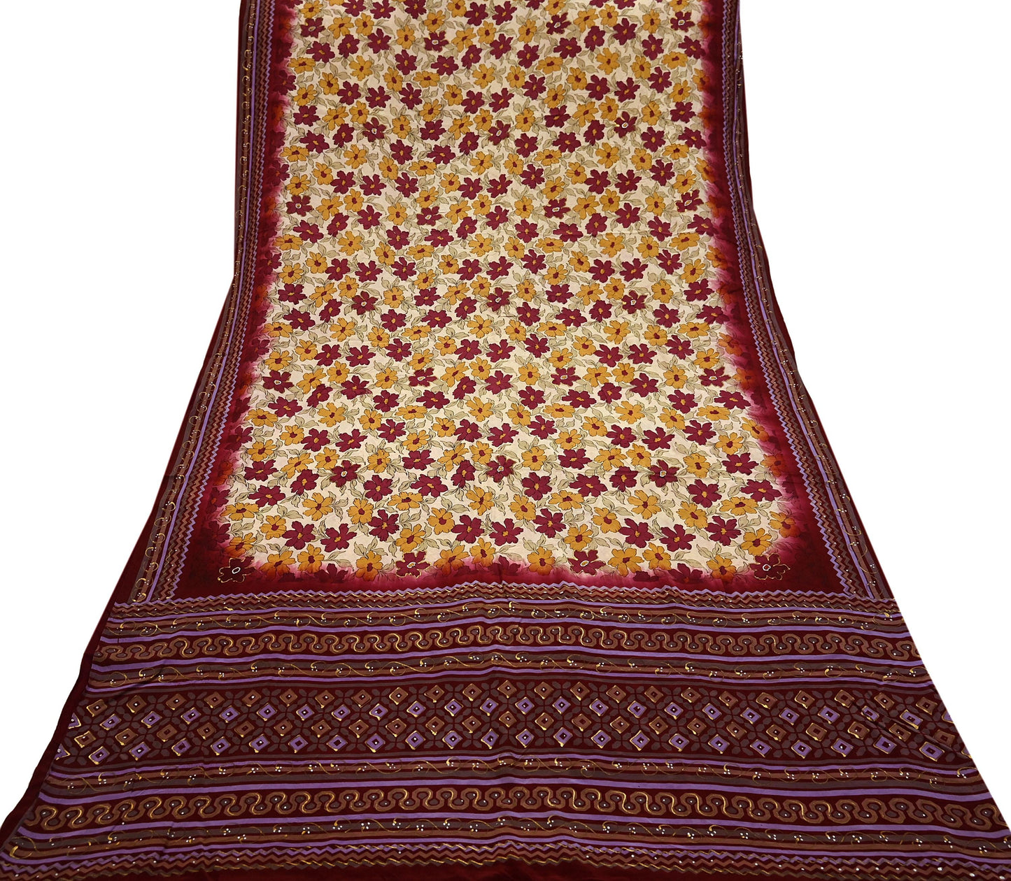 Indian Vintage Sari Maroon & Beige Pure Crepe Silk Hand Painted Saree 5yd Sewing Floral Craft Fabric Wrap Dress Making Quilting Crafting