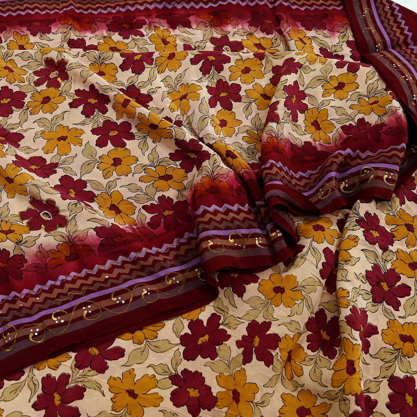 Indian Vintage Sari Maroon & Beige Pure Crepe Silk Hand Painted Saree 5yd Sewing Floral Craft Fabric Wrap Dress Making Quilting Crafting