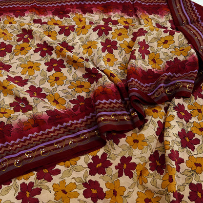 Indian Vintage Sari Maroon & Beige Pure Crepe Silk Hand Painted Saree 5yd Sewing Floral Craft Fabric Wrap Dress Making Quilting Crafting