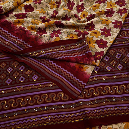 Indian Vintage Sari Maroon & Beige Pure Crepe Silk Hand Painted Saree 5yd Sewing Floral Craft Fabric Wrap Dress Making Quilting Crafting