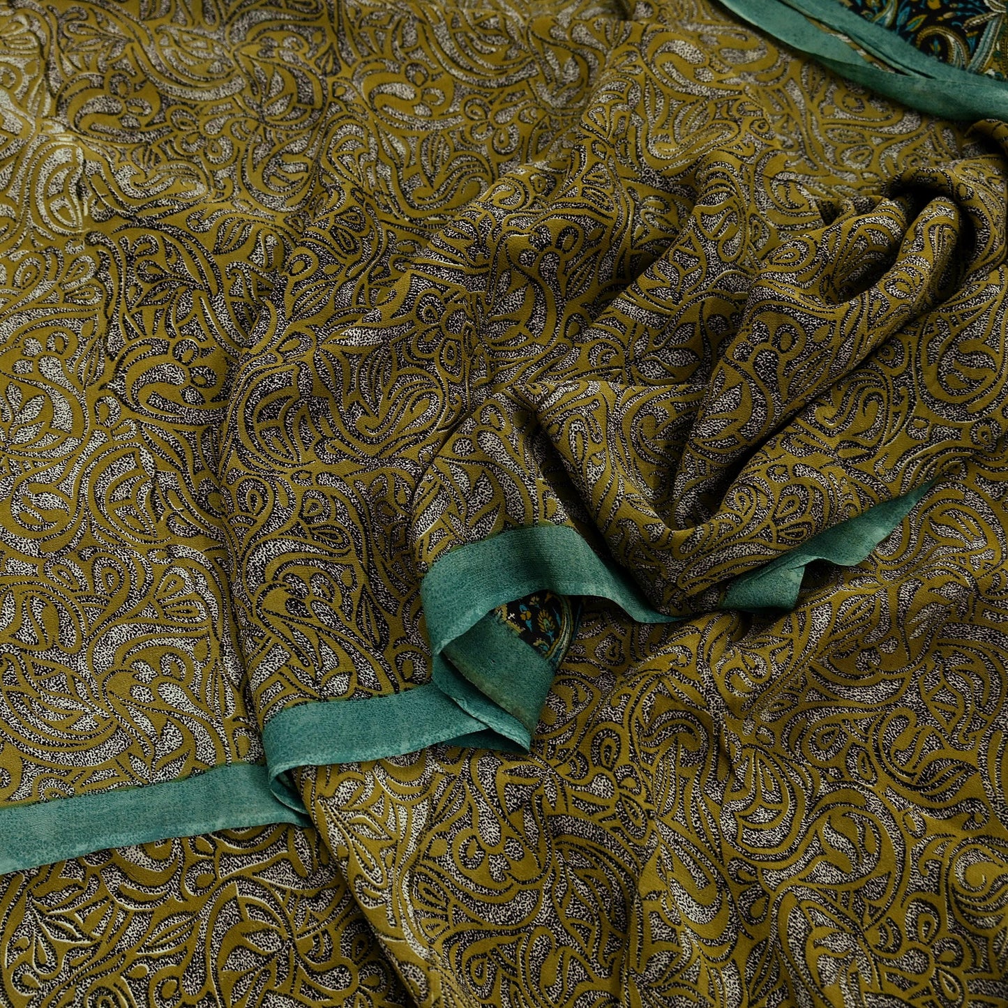 Indian Vintage Sari Green & Beige Pure Georgette Silk Printed Sarees Craft Fabric Sewing 5Yd Soft Dress Making Crafting Quilting Upcycle