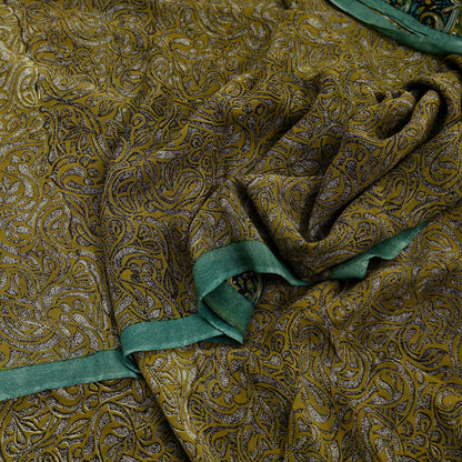 Indian Vintage Sari Green & Beige Pure Georgette Silk Printed Sarees Craft Fabric Sewing 5Yd Soft Dress Making Crafting Quilting Upcycle