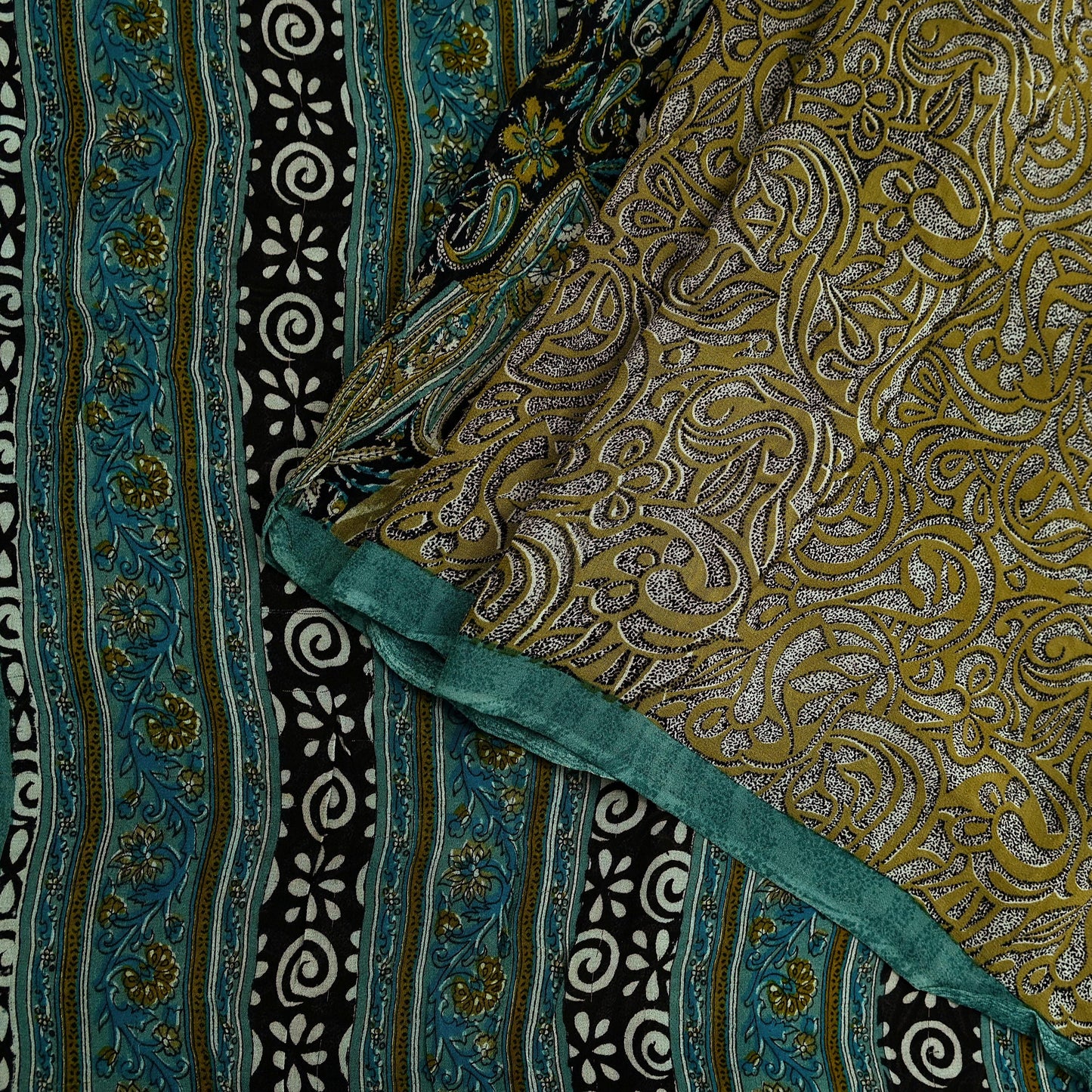 Indian Vintage Sari Green & Beige Pure Georgette Silk Printed Sarees Craft Fabric Sewing 5Yd Soft Dress Making Crafting Quilting Upcycle