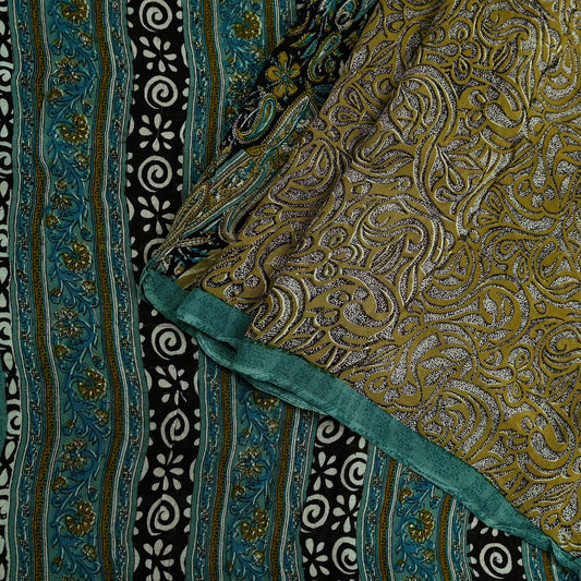 Indian Vintage Sari Green & Beige Pure Georgette Silk Printed Sarees Craft Fabric Sewing 5Yd Soft Dress Making Crafting Quilting Upcycle