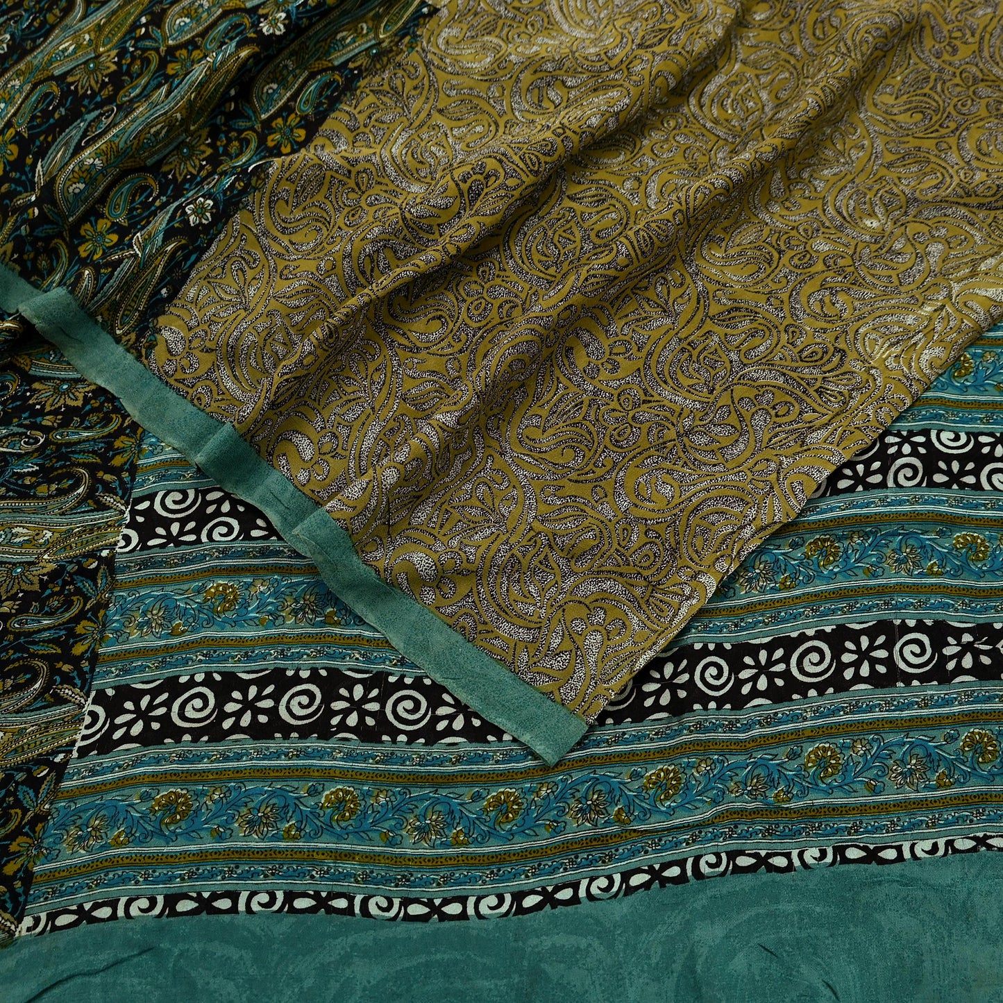Indian Vintage Sari Green & Beige Pure Georgette Silk Printed Sarees Craft Fabric Sewing 5Yd Soft Dress Making Crafting Quilting Upcycle