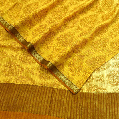 Women Vintage Sari Yellow & Ivory Pure Chiffon Silk Printed Sarees 6Yd Craft Fabric Sewing Soft Dress Making Zari Crafting Quilting