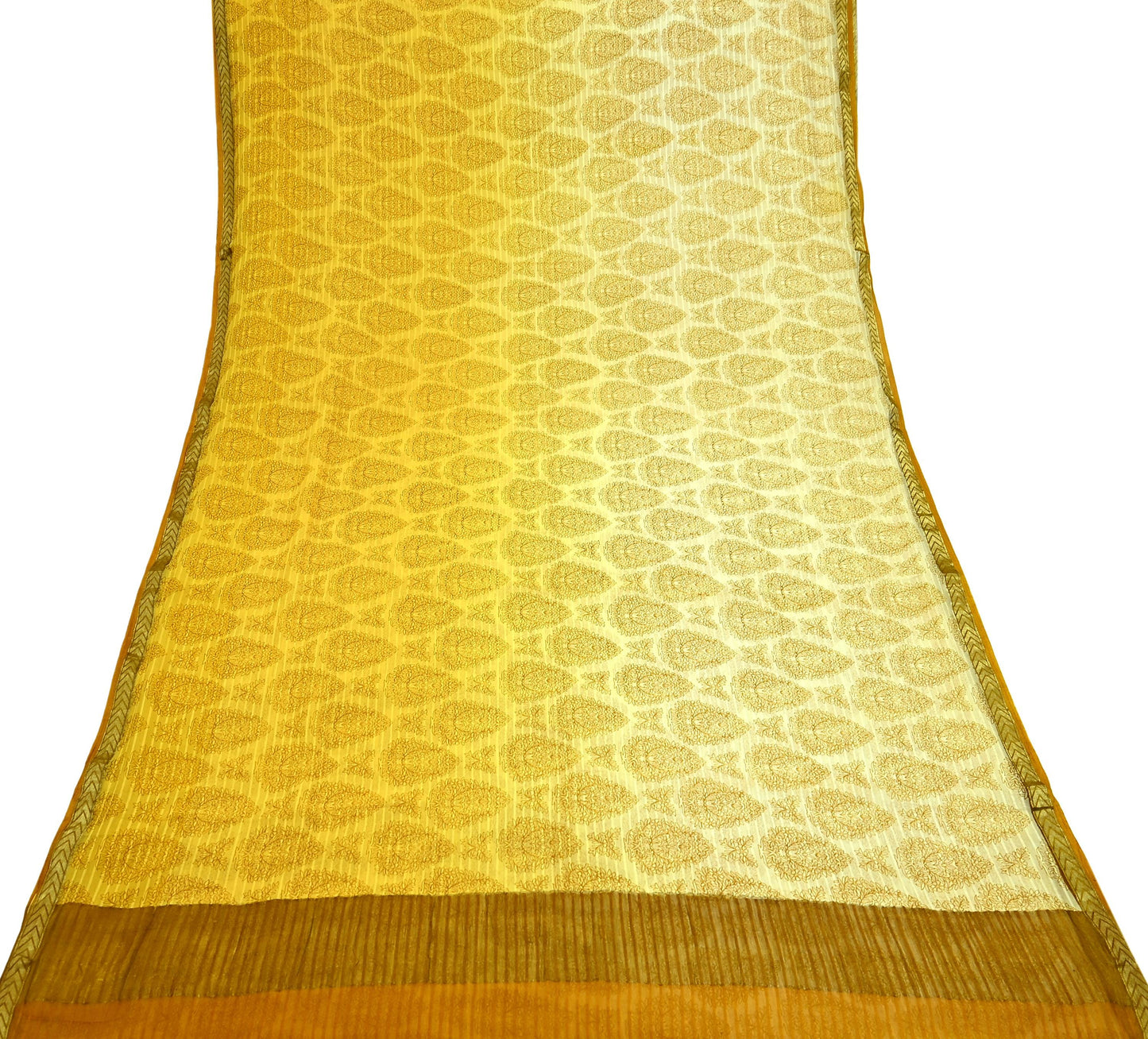 Women Vintage Sari Yellow & Ivory Pure Chiffon Silk Printed Sarees 6Yd Craft Fabric Sewing Soft Dress Making Zari Crafting Quilting