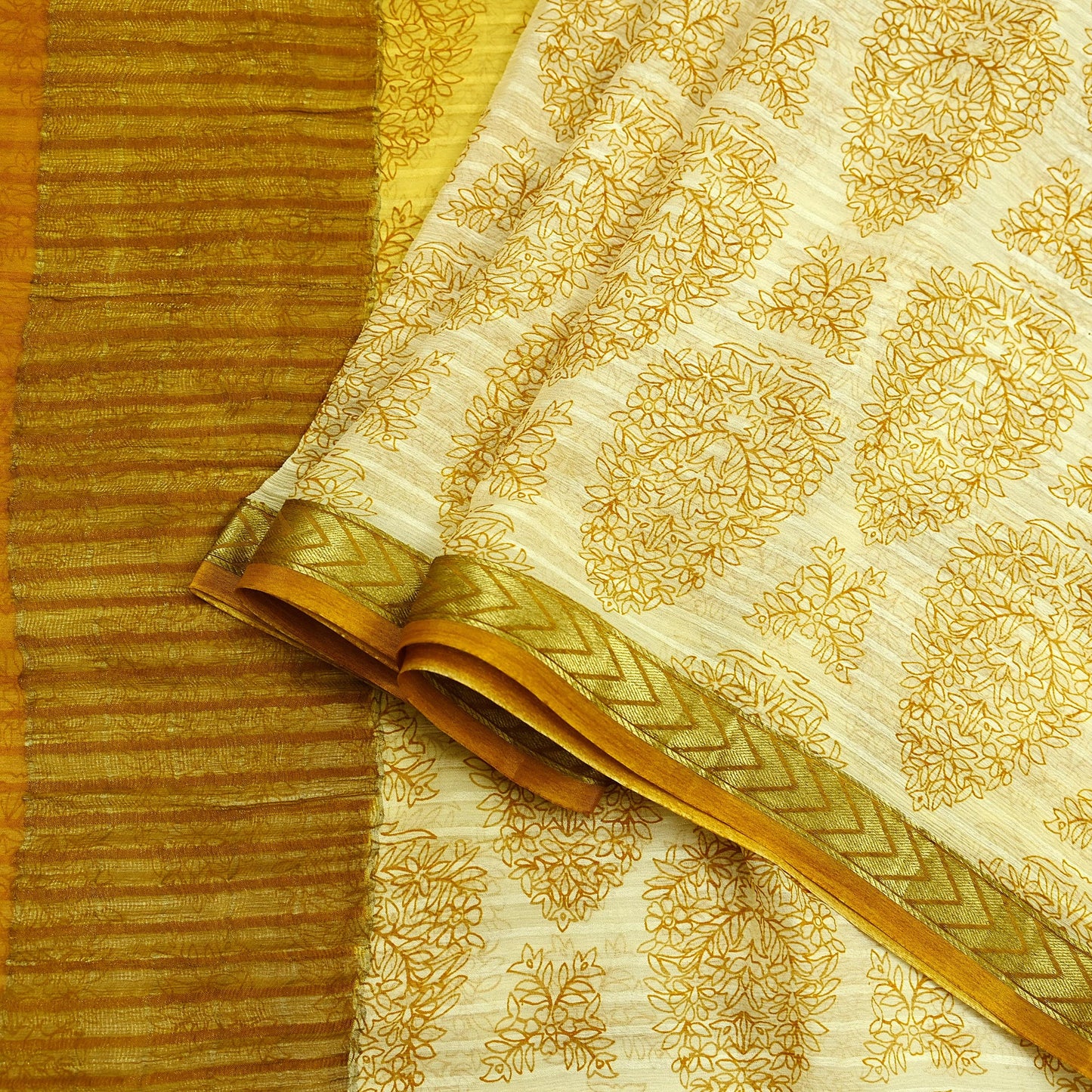 Women Vintage Sari Yellow & Ivory Pure Chiffon Silk Printed Sarees 6Yd Craft Fabric Sewing Soft Dress Making Zari Crafting Quilting