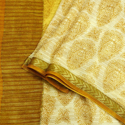 Women Vintage Sari Yellow & Ivory Pure Chiffon Silk Printed Sarees 6Yd Craft Fabric Sewing Soft Dress Making Zari Crafting Quilting
