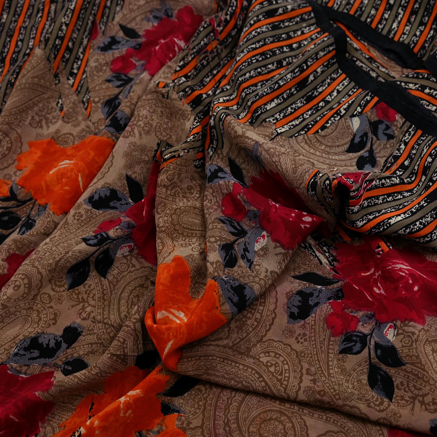 Indian Vintage Sari Brown Pure Crepe Silk Printed Saree 5yd Sewing Floral Soft Craft Fabric Wrap Dress Making For Crafting Quilting Upcycle