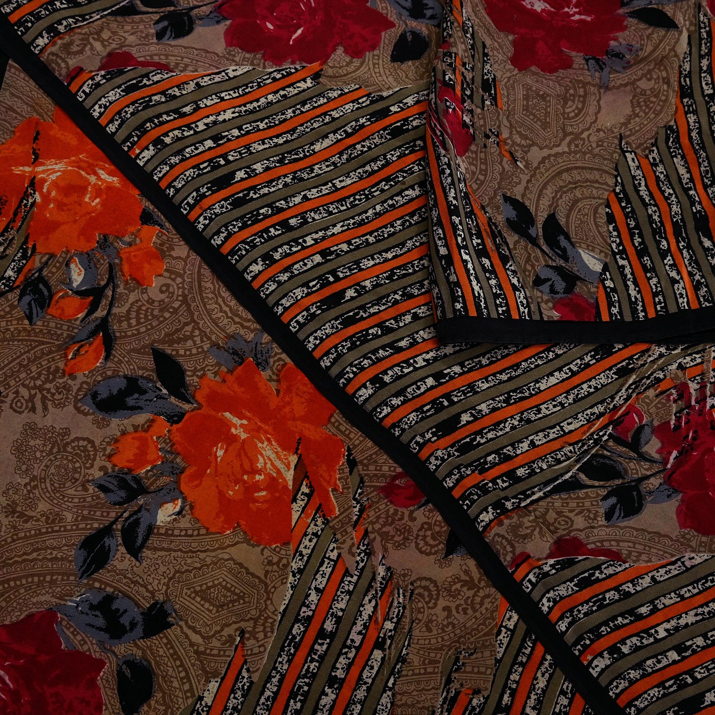 Indian Vintage Sari Brown Pure Crepe Silk Printed Saree 5yd Sewing Floral Soft Craft Fabric Wrap Dress Making For Crafting Quilting Upcycle