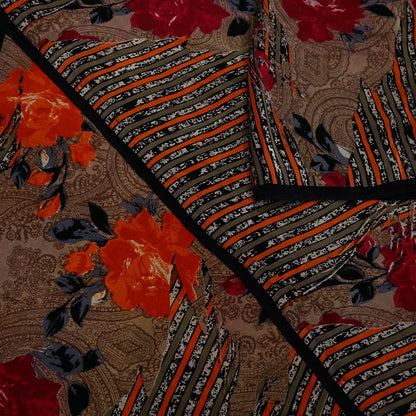 Indian Vintage Sari Brown Pure Crepe Silk Printed Saree 5yd Sewing Floral Soft Craft Fabric Wrap Dress Making For Crafting Quilting Upcycle