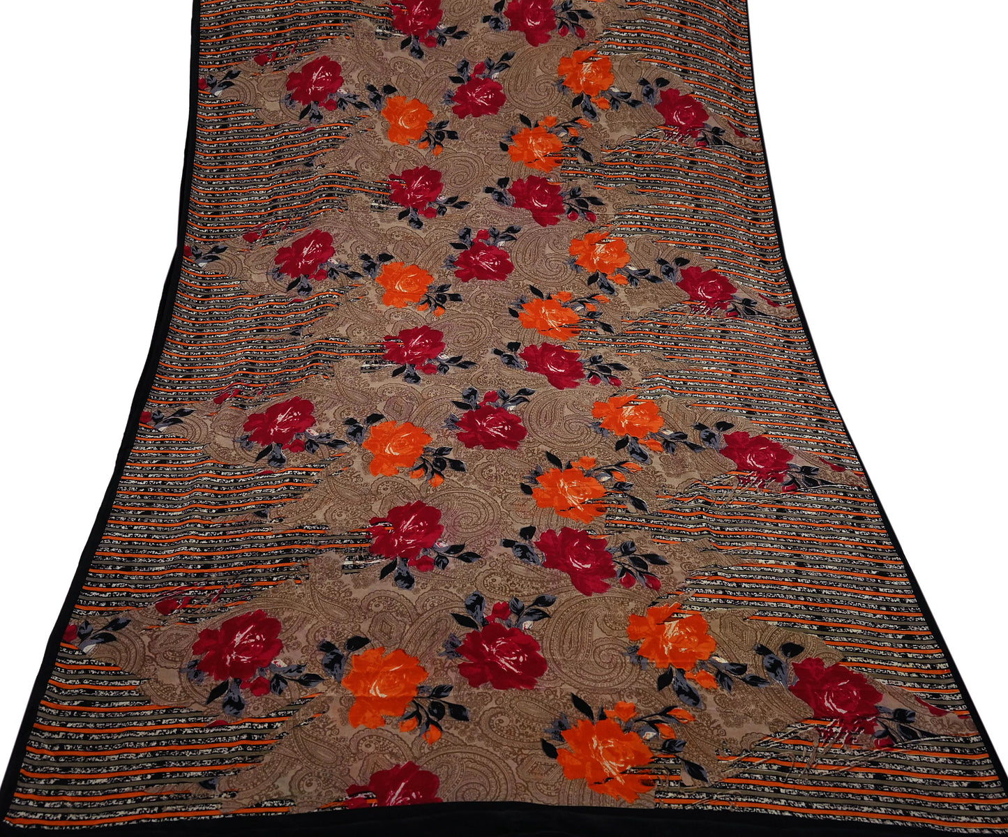 Indian Vintage Sari Brown Pure Crepe Silk Printed Saree 5yd Sewing Floral Soft Craft Fabric Wrap Dress Making For Crafting Quilting Upcycle